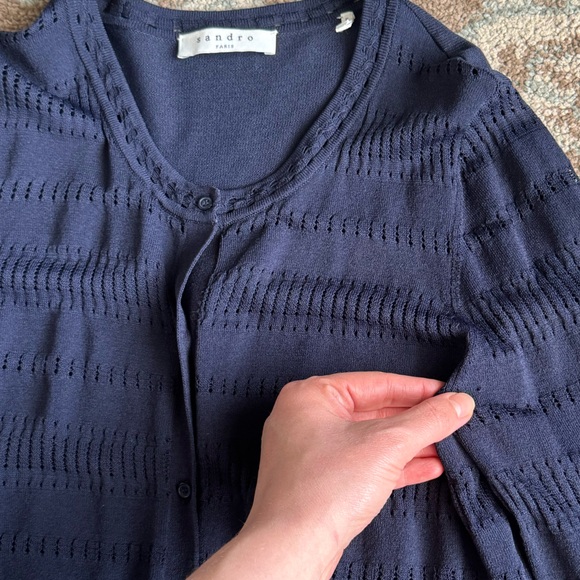Sandro Dark Navy Blue Pointelle Eyelet Button Up Crew Neck Cardigan Size 2 or S - Picture 4 of 11